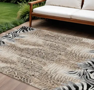 8' X 10' Ivory Black And Beige Animal Print Washable Indoor Outdoor Area Rug