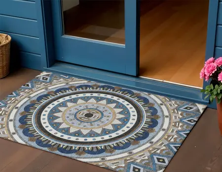 3' X 5' Denim Blue Ivory And Beige Geometric Washable Indoor Outdoor Area Rug