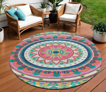 8' Pink Blue Green And Peach Round Geometric Washable Indoor Outdoor Area Rug