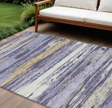 9' X 12' Lavender Ivory And Gold Striped Washable Indoor Outdoor Area Rug