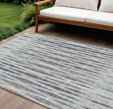 10' X 14' Pacific Blue And Beige Striped Washable Indoor Outdoor Area Rug