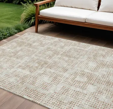 9' X 12' Cinnamon And Ivory Geometric Washable Indoor Outdoor Area Rug
