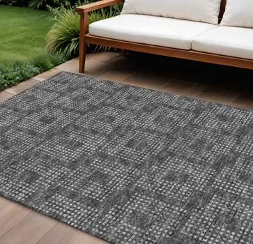 8' X 10' Black And Ivory Geometric Washable Indoor Outdoor Area Rug