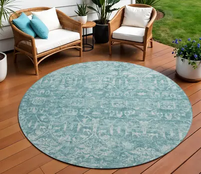 8' Blue And Ivory Round Damask Washable Indoor Outdoor Area Rug