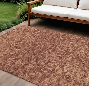 10' X 14' Terra Cotta And Beige Damask Washable Indoor Outdoor Area Rug