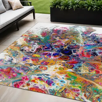 5' X 8' Rainbow And Ivory Abstract Washable Indoor Outdoor Area Rug