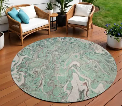 8' Mint Green And Ivory Round Abstract Washable Indoor Outdoor Area Rug