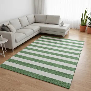 8' X 10' Green And Ivory Striped Washable Area Rug With UV Protection