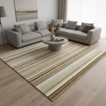 8' X 10' Chocolate And Ivory Striped Washable Area Rug With UV Protection