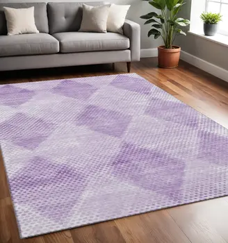 5' X 8' Lavender And Ivory Geometric Washable Area Rug With UV Protection