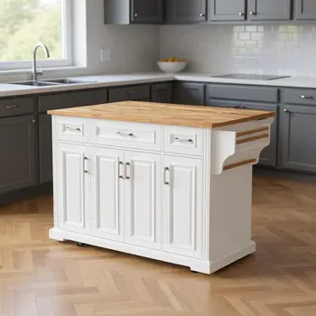 54" White Wood Rolling Kitchen Island With Storage