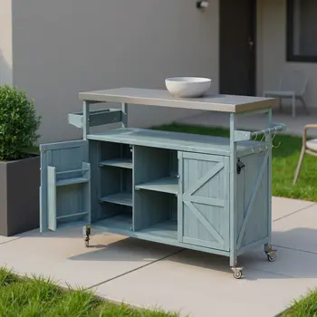 50" Light Blue Wood Rolling Kitchen Island With Storage
