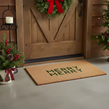 17" X 29" Brown And Green Christmas Outdoor Coir Door Mat