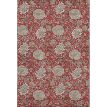 8' X 10' Red And Beige Floral Washable Area Rug With UV Protection