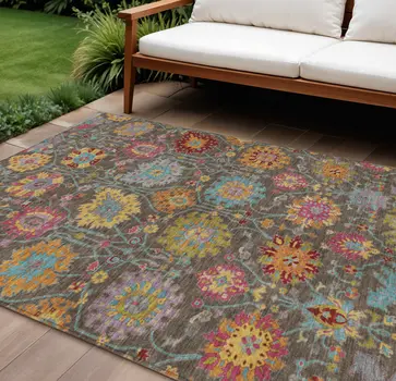 10' X 14' Chocolate Gold And Pink Damask Washable Indoor Outdoor Area Rug