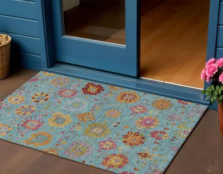 3' X 5' Teal Blue Gold And Pink Damask Washable Indoor Outdoor Area Rug