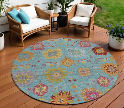 8' Teal Blue Gold And Pink Round Damask Washable Indoor Outdoor Area Rug