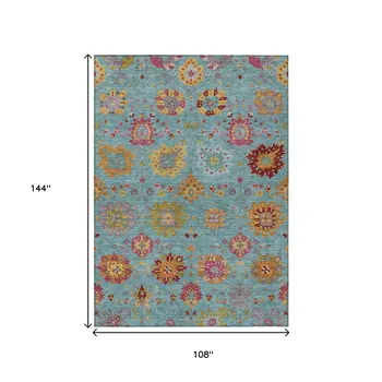 9' X 12' Teal Blue Gold And Pink Damask Washable Indoor Outdoor Area Rug