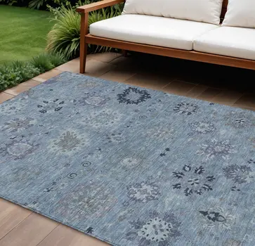8' X 10' Denim Blue And Gray Damask Washable Indoor Outdoor Area Rug