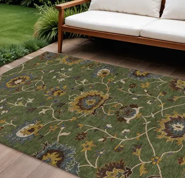 9' X 12' Artichoke Green Gold And Blue Floral Washable Indoor Outdoor Area Rug