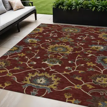 5' X 8' Burgundy Gold And Gray Floral Washable Indoor Outdoor Area Rug