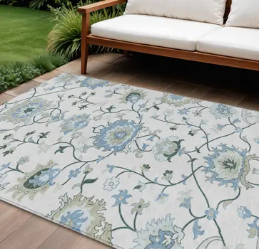 10' X 14' Ivory Blue And Beige Floral Washable Indoor Outdoor Area Rug
