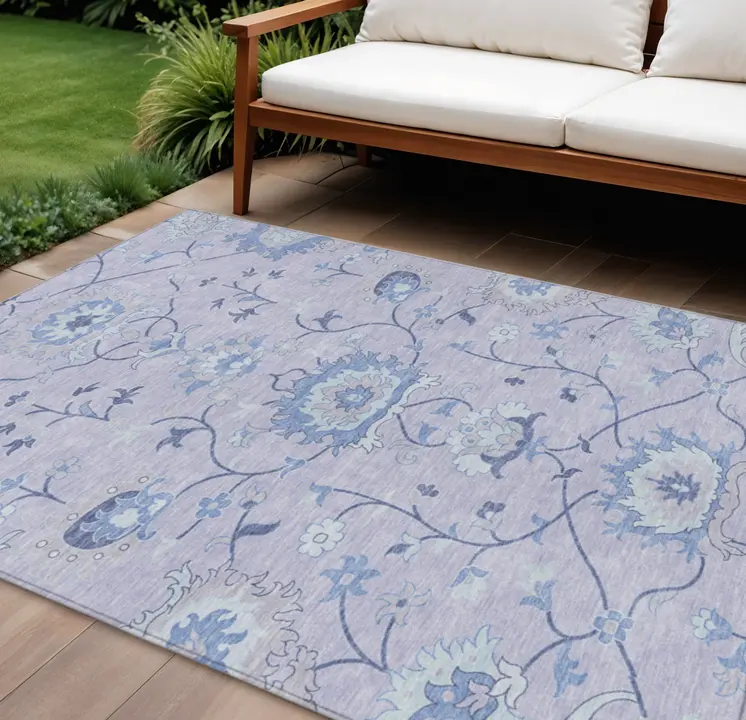 10' X 14' Lilac And Ivory Floral Washable Indoor Outdoor Area Rug