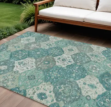 10' X 14' Teal Blue And Ivory Floral Medallion Washable Indoor Outdoor Area Rug