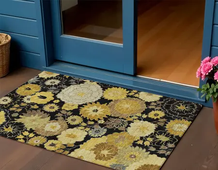 3' X 5' Black Gold And Beige Floral Washable Indoor Outdoor Area Rug
