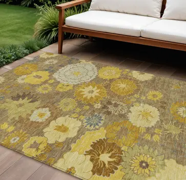 10' X 14' Coffee Gold And Beige Floral Washable Indoor Outdoor Area Rug