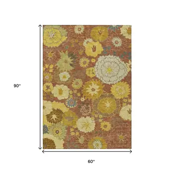 5' X 8' Terra Cotta Gold And Beige Floral Washable Indoor Outdoor Area Rug