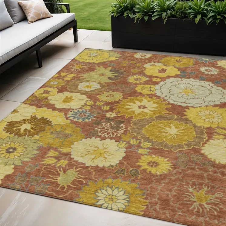 5' X 8' Terra Cotta Gold And Beige Floral Washable Indoor Outdoor Area Rug