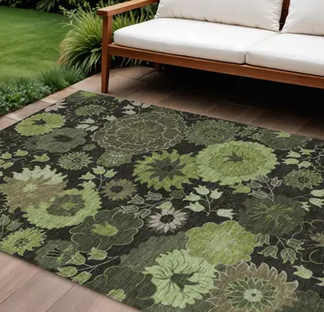 10' X 14' Green And Black Floral Washable Indoor Outdoor Area Rug