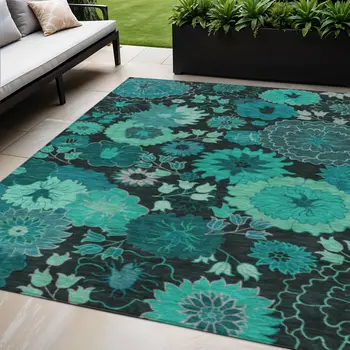 5' X 8' Teal Blue And Black Floral Washable Indoor Outdoor Area Rug