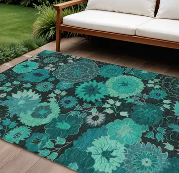 8' X 10' Teal Blue And Black Floral Washable Indoor Outdoor Area Rug
