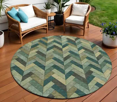 8' Green And Gray Round Geometric Washable Indoor Outdoor Area Rug