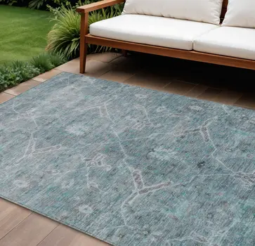 10' X 14' Teal Blue And Gray Floral Washable Indoor Outdoor Area Rug