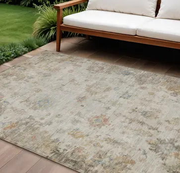 8' X 10' Ivory Beige And Blue Floral Washable Indoor Outdoor Area Rug