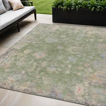 5' X 8' Artichoke Green And Gray Floral Washable Indoor Outdoor Area Rug