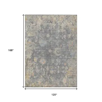 10' X 14' Gray And Beige Floral Washable Indoor Outdoor Area Rug