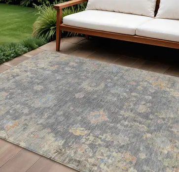 10' X 14' Gray And Beige Floral Washable Indoor Outdoor Area Rug