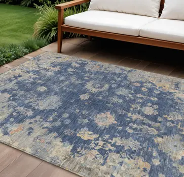 10' X 14' Navy Blue Gray And Beige Floral Washable Indoor Outdoor Area Rug