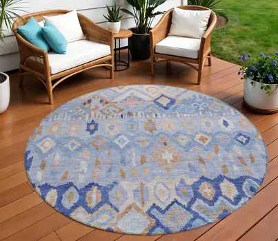 8' Blue And Taupe Round Geometric Washable Indoor Outdoor Area Rug