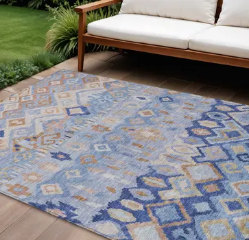 9' X 12' Blue And Taupe Geometric Washable Indoor Outdoor Area Rug