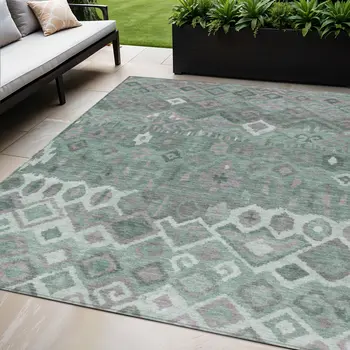 5' X 8' Artichoke Green Gray And Ivory Geometric Washable Indoor Outdoor Area Rug