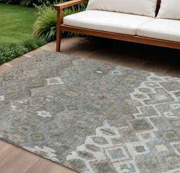 9' X 12' Pewter Ivory And Tan Geometric Washable Indoor Outdoor Area Rug