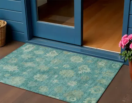 3' X 5' Teal Blue And Fern Green Floral Washable Indoor Outdoor Area Rug