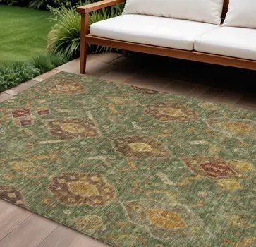 10' X 14' Fern Green Brown And Gold Ikat Washable Indoor Outdoor Area Rug