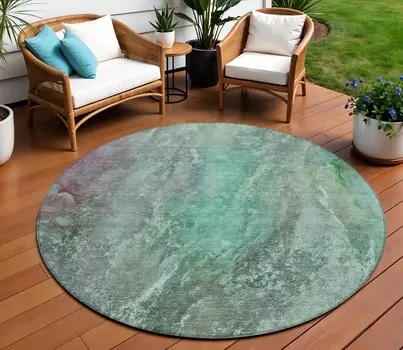 8' Teal Blue And Purple Round Abstract Washable Indoor Outdoor Area Rug