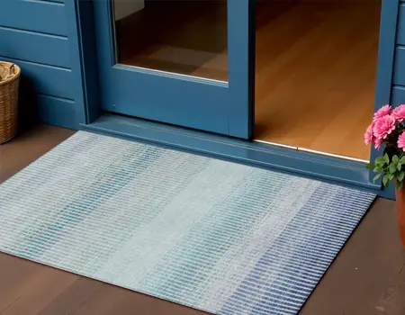 3' X 5' Blue Ivory And Gray Striped Washable Indoor Outdoor Area Rug